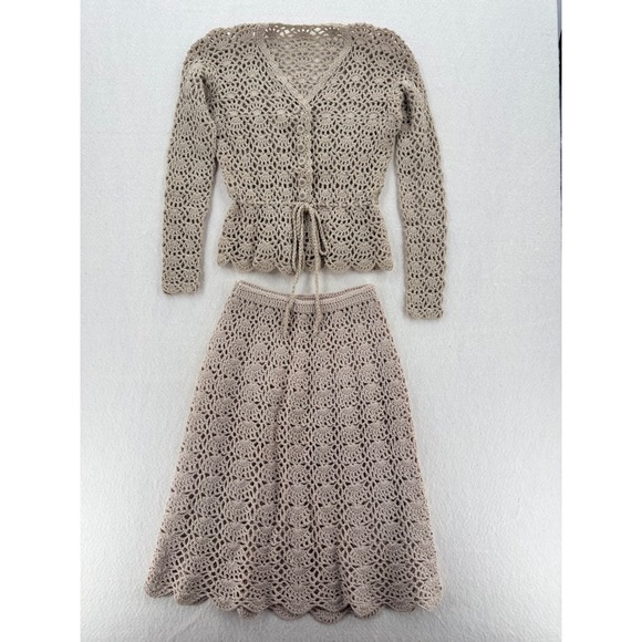 Dresses & Skirts - Vintage Handmade Cottage Core Crochet 2Pc Set Beige Cardigan Top‎ & A-Line Skirt